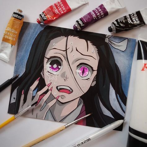 Demon Slayer Nezuko Drawing, Nezuko Painting, Anime Paintings Canvases, Canvas Painting Patterns, Anime Canvas Painting, Anime Painting, Anime Boy Sketch, Anime Drawing Books, Animation Art Sketches