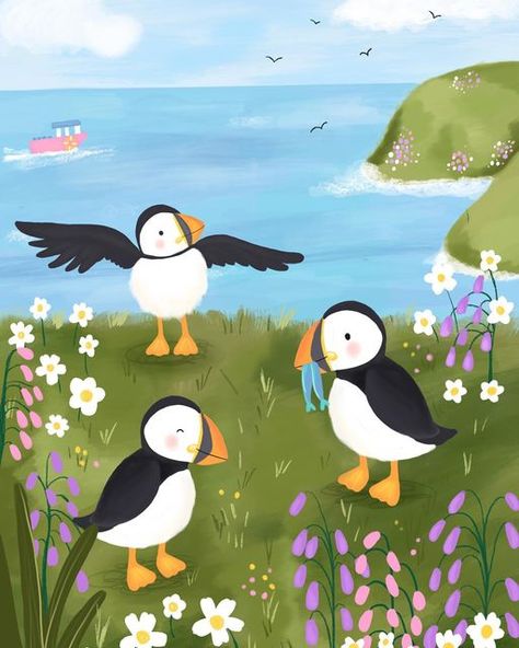 Puffin Drawing Cute, Puffin Illustration, Ireland Scrapbook, Skomer Island, Felted Painting, Puffin Art, Nautical Prints, Happy Painting, Fused Glass Artwork