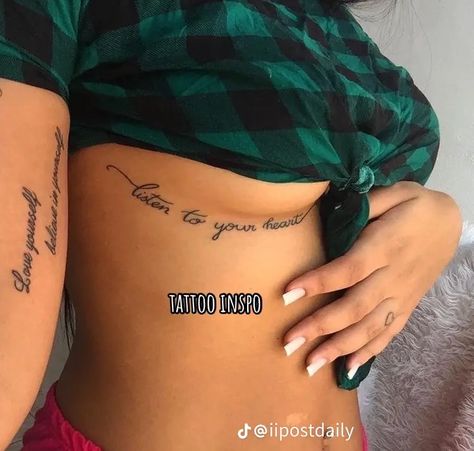 Love Him Tattoos For Women, Tattoos About Being Independent, Under Noon Tattoo, Baddie Tats Hip, Under The Buttcheek Tattoo, Under Rib Tattoos For Women, Hideable Tattoos, Underboob Tattoos Words, Tats Between Breast