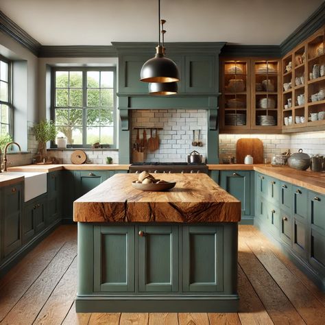 Elevate your kitchen with the timeless beauty of solid wood worktops. This design pairs deep green shaker cabinets with brass handles and a stunning wooden island for a perfect blend of modern and rustic. Natural light floods the space, highlighting the warmth of the oak flooring and wood countertops. Tap to explore more kitchen inspirations tailored for UK homes! Tags: #SolidWoodWorktops #RusticKitchenDesign #ShakerStyle #UKHomes #NaturalMaterials #KitchenInspo #ModernRustic Wooden Counter Kitchen, Rustic Shaker Kitchen, Kitchens With Green Islands, Wood Countertops Kitchen Green Cabinets, Green And Butcher Block Kitchen, Green Kitchen Cabinets Wood Floors, Kitchen Design Wood Countertops, Kitchen Ideas Green And Wood, Rustic Shaker Cabinets Kitchen