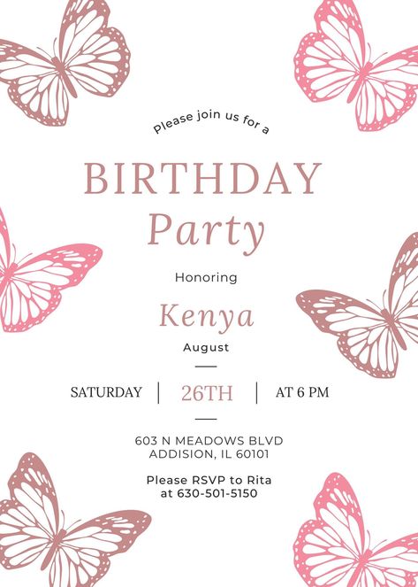 Butterfly Birthday Invitation Instant Download- Sweet Sixteen, Surprise Party Pink and Rose Gold Garden Theme by Mizamelie on Etsy Butterfly Theme 18th Birthday Party, Butterfly Theme Invitations, Birthday Butterfly, Butterfly Invitations, Rose Gold Butterfly, Rosé Birthday, Butterfly Theme, Butterfly Birthday, Pink Garden