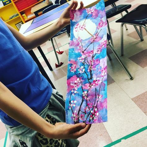 A finished 3rd grade Japanese cherry blossom scroll! 3rd Grade Art Lesson, Class Crafts, 2nd Grade Art, 6th Grade Art, 4th Grade Art, 3rd Grade Art, Cherry Blossom Art, Preschool Class, Art Camp