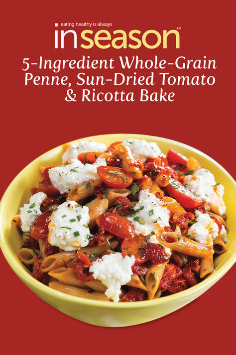 Perfect for busy weeknights, the 5-Ingredient Whole-Grain Penne, Sun-Dried Tomato & Ricotta Bake brings together rich flavors with minimal effort. Enjoy the satisfying taste of a home-cooked meal that's both nutritious and incredibly easy to prepare. Treat yourself today! Ricotta Bake, Cooked Meal, 5 Ingredient, Sun Dried, Sun Dried Tomato, Treat Yourself, Ricotta, Main Dishes, Healthy Eating