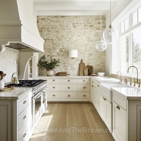 White Kitchen Backsplash Ideas: The Only 7 Types You (Actually) Need! Kitchen Limestone Backsplash, French Chateau Kitchen Backsplash, European Stone Backsplash, Kitchen Tiles Backsplash Cream Cabinets, Stack Stone Backsplash Kitchen, Light Colored Backsplash Kitchen, Backsplash For Antique White Cabinets, Cream Kitchen With Brick Backsplash, Tan Backsplash Kitchen White Cabinets