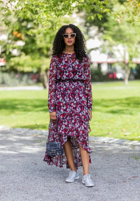 If you want to rock your favorite frilly dress in the daytime, casual sneakers make the look all the more practical. Casual Flowy Dress, Stockholm Fashion Week, How To Wear Sneakers, Frilly Dresses, Sneakers Looks, Outfit Inspiration Fall, Daytime Dresses, Street Style Inspiration, Cool Street Fashion