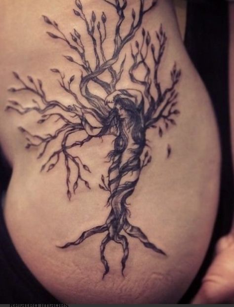 Tree Hip Tattoo, Hip Tattoo Men, Woman Tree Tattoo, Tree Thigh Tattoo, Education Tattoos, Tree Lady, Tree Tattoo Forearm, Willow Tree Tattoos, Mother Nature Tattoos