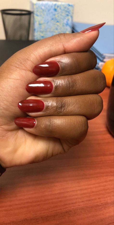 Fall nails, nail inspo, black girl nails, almond shaped, natural nails Red Nails Ideas Black Women, Mail Colors For Brown Skin, Natural Nails Black Skin, Dark Red Nails Black Women, Short Classy Nails Black Women, Fall Nails On Black Women, Black Women Short Nails, Black Women Nails Polish Dark Skin, Classy Nails Black Women