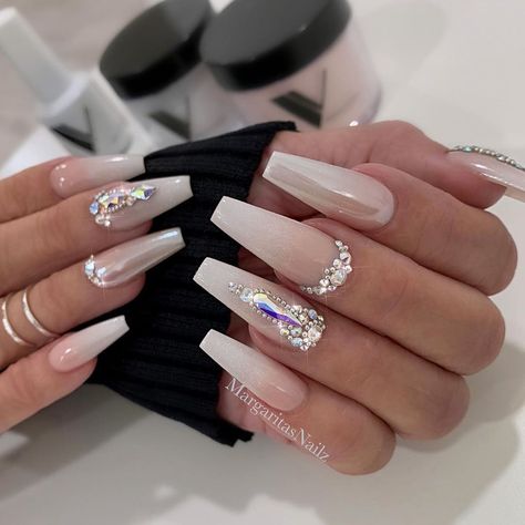 Pink white ombré coffin ballerina nails bling design by MargaritasNailz  #glitternails#whitenails#coffinnails#ombrenails#MargaritasNailz#whiteombre#nailfashion#nailswag#nailpro#nailedit#rosegold#teamvalentino#nailsofinstagram#weddingnails#nailaddict#valentinomargaritasnailz#instagramnails#nailporn#winternails#fallnails#nailtrends#modernsalon#unicornnails#naildesigns#pinkandwhitenails#pinkandwhite#blingnails#nailart#pearlnails#nudenails White Coffin Nails, Wedding Nails Glitter, Short Coffin Nails, Nails Design With Rhinestones, Long Acrylic Nails Coffin, Wedding Nails Design, Bride Nails, White Nail, Bling Acrylic Nails