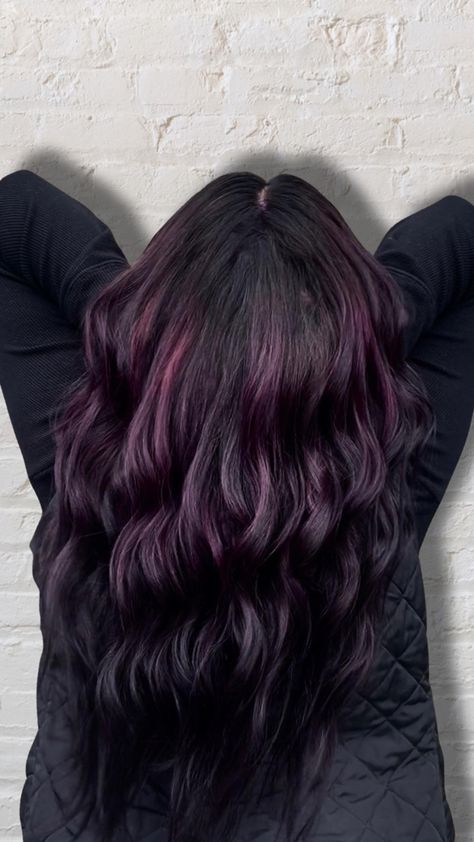 Purple balayage on black hair color Purple Hair Balayage, Black Hair With Purple, Black And Purple Hair, Hair With Purple, Purple Balayage, Purple Tips, Black Hair With Highlights, Hair Balayage, Eggplant Purple