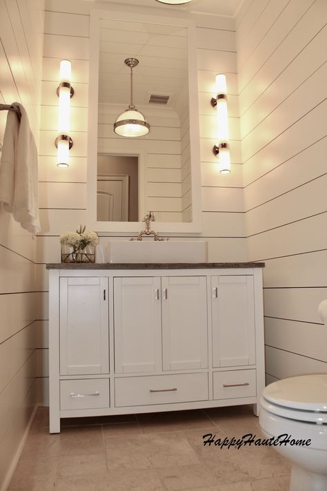 Shiplap Powder Room, Modern Farmhouse Powder Room, Shiplap Bathroom Wall, Nickel Gap, Farmhouse Powder Room, Powder Room Remodel, Shiplap Bathroom, Wall Sconces Living Room, Wall Faucet