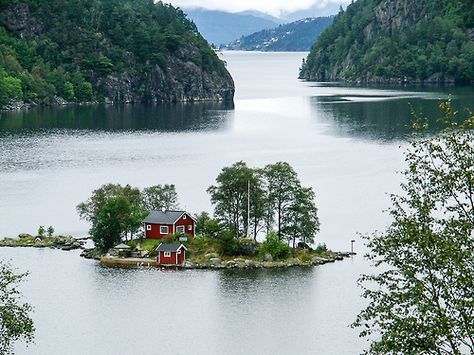 allthingseurope: Lovrafjorden, Norway (by Silvain de Munck) Red House, In The Middle, A House, The Middle, Trees, Lake, Water, Red