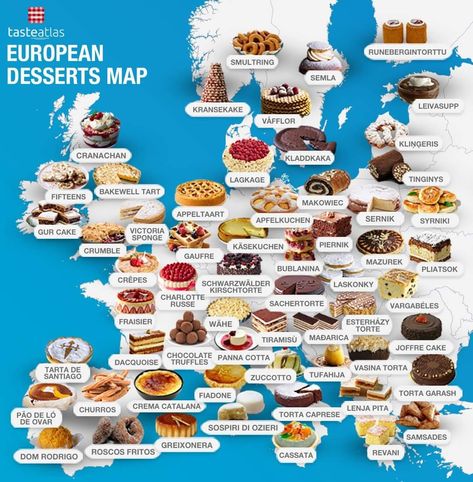 🇩🇪 Schwarzwälder Kirschtorte, 🇬🇪 Churchkhela, 🇧🇬 Torta Garash, 🇷🇺 Medovik, 🇭🇷 Mađarica, 🇫🇷 Tarte Tatin, 🇪🇦 Basque cheesecake... What's your favorite European dessert? European Desserts, Fruits Name In English, Desserts Around The World, Basque Cheesecake, The Best Desserts, Culinary Cooking, Around The World Food, Bakewell Tart, Food Infographic