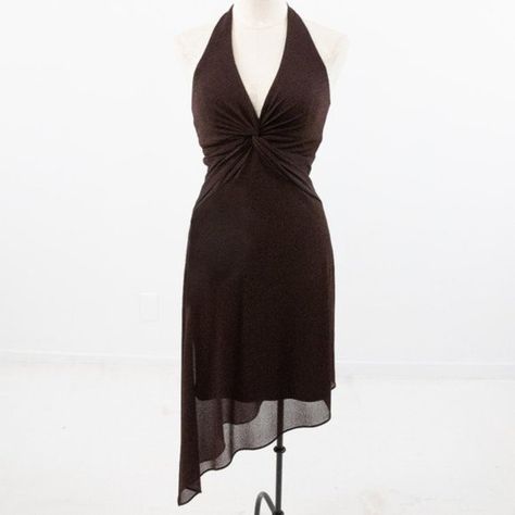 Vintage Y2K 4 Asymmetrical Halter Dress Brown Halter Neck Dress, Black Formal, Minimalist Chic, Halterneck Dress, Halter Neck, Cocktail Party, Halter Dress, Wedding Guest, Vintage Y2k