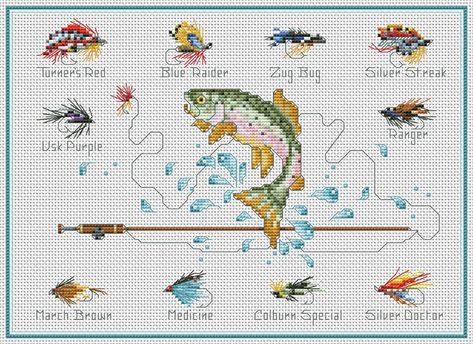 Kooler Design Studio Fly Fishing - Cross Stitch Pattern - 123Stitch Fishing Cross Stitch, Fish Cross Stitch, Birth Announcement Cross, Santa Cross Stitch, Tiny Cross Stitch, Halloween Cross Stitch Patterns, Melting Beads, Rainbow Trout, Tapestry Crochet