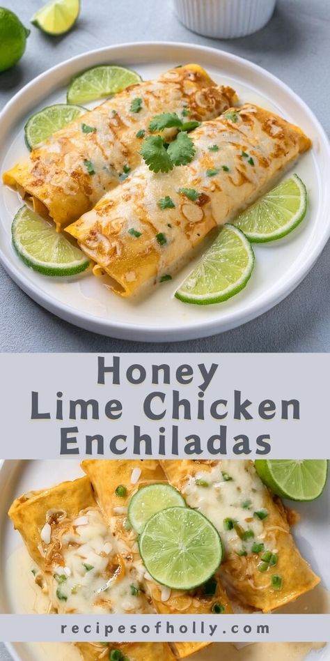 Honey Lime Chicken Enchiladas - Recipes of Holly Honey Lime Chicken Crockpot, Honey Lime Chicken Enchiladas, Honey Lime Enchiladas, Soft Flour Tortillas, Enchiladas Recipes, Honey Lemon Chicken, Chili Lime Chicken, Honey Lime Chicken, Chilled Desserts