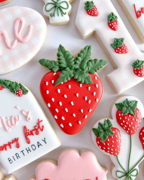 It’s Mia’s berry first birthday 🍓 Strawberry balloons inspired by @francescasfrosting ✨ . . . . #strawberry #strawberries #berryfirstbirthday #berryfirstbirthdaycookies #cookies #customcookies #sugarcookies #customsugarcookies #decoratedsugarcookies Strawberry Themed 1st Birthday Desserts, Strawberry Theme Sugar Cookies, Berry Birthday Cookies, Strawberry 1st Birthday Cookies, Berry 1st Birthday Cookies, Strawberry Sugar Cookies Decorated, Strawberry Decorated Cookies, Strawberry Cookies Decorated, Berry First Birthday Cookies