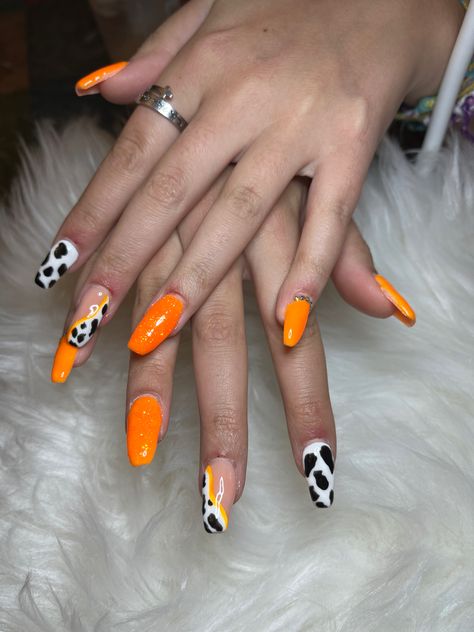 Orange Cow Print Nails, Western Fall Nails, Fall Western Nails, Cow Print Nails, Cowboy Nails, Camo Nails, Western Nails, London Nails, Summery Nails