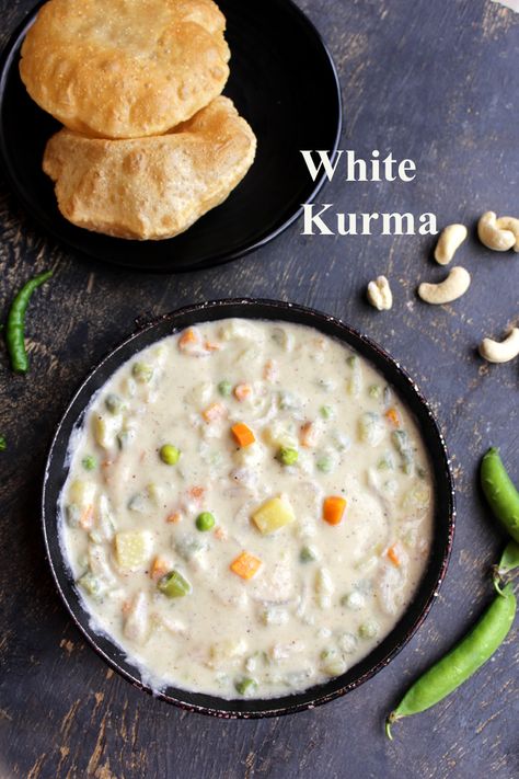 White Kurma | White Veg Kurma Restaurant Style - Udupi Recipes White Kurma Recipe, Udupi Recipes, Veg Kurma Recipe, Veg Kurma, Kurma Recipe, Carrot Greens, Colorful Bowls, Cooked Veggies, Chapati