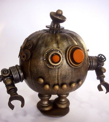 EPBOT: Steampunk Pumpkins! (Steampunkins?) Robot Pumpkin Decorating, Steampunk Pumpkins, Robot Pumpkin, Steampunk Pumpkin, Steampunk Robots, Pumpkin Decorating Contest, Steampunk Stuff, Metal Robot, Steampunk Halloween