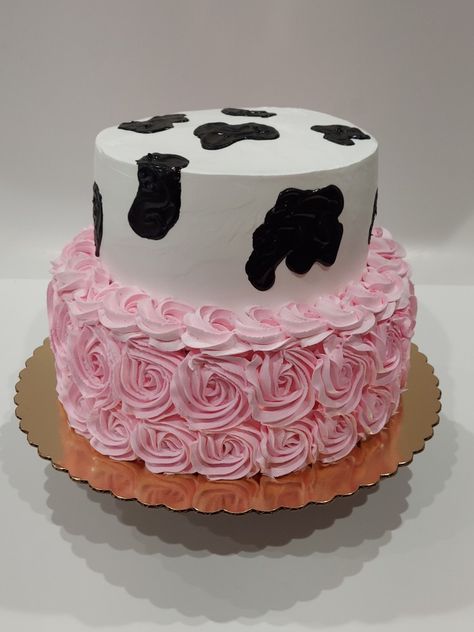 Cow Print 1st Birthday Cake, Two Tier Cow Print Cake, Cowgirl 21 Birthday Party Cake, Cow Print Themed Birthday Party, 2 Tier Cow Cake, Cow Themed Sheet Cake, Cow Print And Pink Cake, Pink Cow Birthday Cake, Cowgirl First Birthday Cake