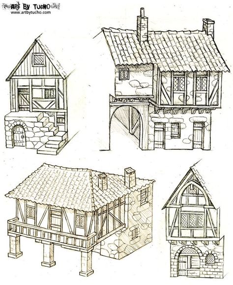 Drawings Of Cottages, Building Drawing Reference, Case Minecraft, Medieval Buildings, Planet Coaster, Architecture Drawing Plan, Building Sketch, Building Drawing, House Sketch