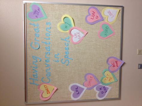 February bulletin board for speech Speech Classroom Decor, Speech Bulletin Boards, Speech Classroom, February Bulletin Boards, Communication Disorders, Slp Organization, Bulletin Ideas, Valentines Day Bulletin Board, February Classroom