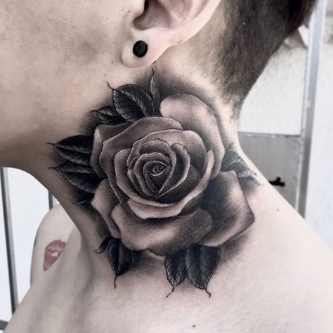 Rose On Neck Tattoo Men, Rose On Neck Tattoo, Esoteric Tattoo, Rose Tattoo Behind Ear, Rose Neck Tattoo, Ace Tattoo, Best Neck Tattoos, Persian Tattoo, Realistic Rose Tattoo