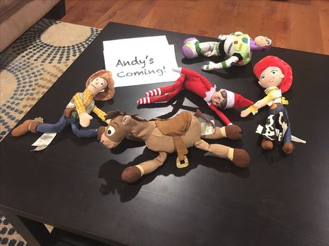 TOY STORY Elf on the shelf: Andy's coming! Toy Story And Elf On The Shelf, Elf On The Shelf With Toy Story, Elf On The Shelf With Woody And Buzz, Toy Story Elf On The Shelf Ideas, Toy Story Elf On The Shelf, Elf On The Shelf Carry Me Around, Elf On The Shelf Toy Story, Andy Toy Story, Elf Is Back Ideas