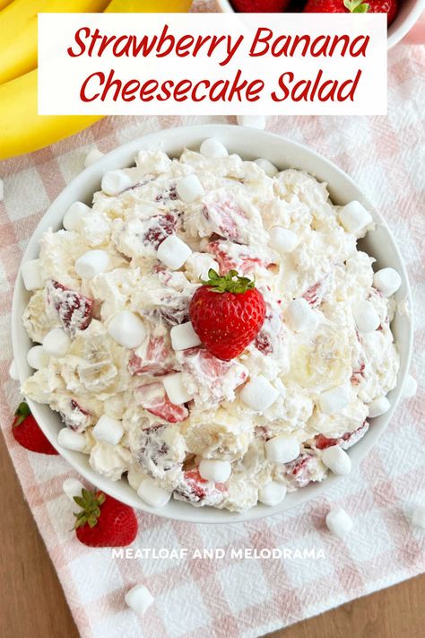 Cheesecake Salad Recipe, Fluff Salads, Crockpot Peach Cobbler, Strawberry Banana Cheesecake Salad, Strawberry Cheesecake Salad, Banana Salad, Lime Jello Salads, Cheesecake Fruit Salad, Cheesecake Salad