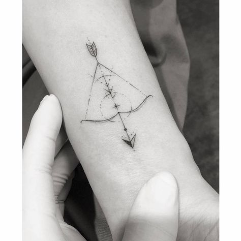 Fine line geometric bow and arrow tattoo located on the Bow And Arrow Tattoo Geometric, Book And Arrow Tattoo, Archery Tattoo Design, Bow And Arrow Tattoos For Women, Fine Line Arrow Tattoo, Tattoo Bow And Arrow, Bow Arrow Tattoos, Crossed Arrow Tattoos, Bow And Arrow Tattoo