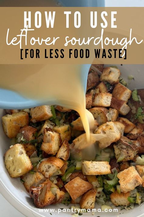 What to do with leftover sourdough bread - from making sourdough crostini and croutons to sourdough bread pudding and bruschetta. Sourdough Stuffing Recipe, Sourdough Bread Pudding, Sourdough Stuffing, The Pantry Mama, Traditional Stuffing Recipe, Gluten Free Stuffing Recipes, Pantry Mama, Gluten Free Stuffing, Stuffing Recipes For Thanksgiving