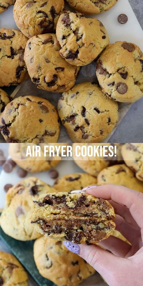 Deliciously easy air fryer cookies with a super easy to make vanilla cookie dough with chocolate chips baked in an air fryer! Air Fryer Chocolate Chip Cookies, Air Fryer Cookies, Air Fryer Recipes Dessert, Janes Patisserie, Air Fryer Recipes Snacks, Best Air Fryer, Air Fryer Oven Recipes, Air Fryer Dinner Recipes, Air Fryer Recipes Easy