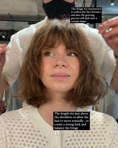 DAVID G on Instagram: "“The Tina” haircut! A unique beautiful Bob shape with the DNA characteristics 🧬 which in this case are: •heavy outline •controlled separation •customised fringe •personalised face framing Sorry @justyna_oc for sticking the camera into your face but I had to capture this gorgeous look on you🙏🏼 David G @justyna_oc @hershesons #Tinahaircut #dnabob #dnahaircut #bobhaircut #fringe #bangs #letitdry #hershesons #homemadeinhershesons #curtainbangs #taghaircut #theantigra Bob And Bangs Round Face, Face Shape Bangs Guide, Heavy Framing Fringe, Square Face Fringe, Balayage Bob With Fringe, Framing Bangs Short Hair, Bob With Bangs Square Face, Thick Short Bangs, Bob On Oval Face