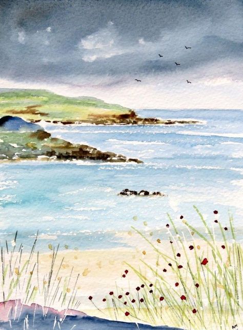 Watercolour Painting Seascape, Sea Beach Painting Watercolor, Water Colour Landscape Watercolour, Watercolor Shoreline, Watercolor Art For Beginners Landscape, Watercolor Scenery Easy, Watercolor Landscape Paintings Easy, Watercolor Beach Scenes, Loose Watercolor Landscape