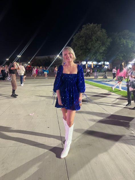 Eras Tour Blue Dress, Taylor Swift Concert Outfit With Cowboy Boots, Taylor Swift Concert Outfit White Boots, Eras Tour Outfits Long Sleeve, Blue Eras Tour Outfit, Midnight Rain Taylor Swift Outfit, Eras Tour Outfits Cowboy Boots, Eras Tour Outfit Inspiration Midnights, Midnight Rain Costume