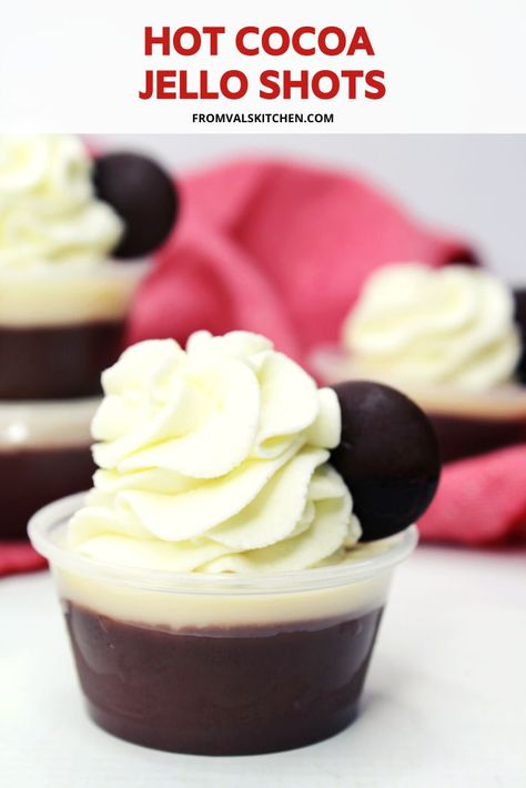 Hot Cocoa Jello Shots - From Val's Kitchen Whipped Vodka, Jell O Shots, Jello Shot, Thanksgiving 2024, Godiva Chocolate, Mexican Christmas, Chocolate Liqueur, Unflavored Gelatin, Vanilla Vodka