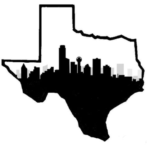 Texas outline with Dallas skyline Dallas Texas Tattoo Ideas, Texas Patchwork Tattoos, Dallas Texas Skyline Tattoo, Dallas Tx Tattoo Ideas, Dallas Skyline Outline, Dallas Skyline Drawing, Dallas Texas Tattoo For Men, Texas Logo Design, Dallas Skyline Tattoo