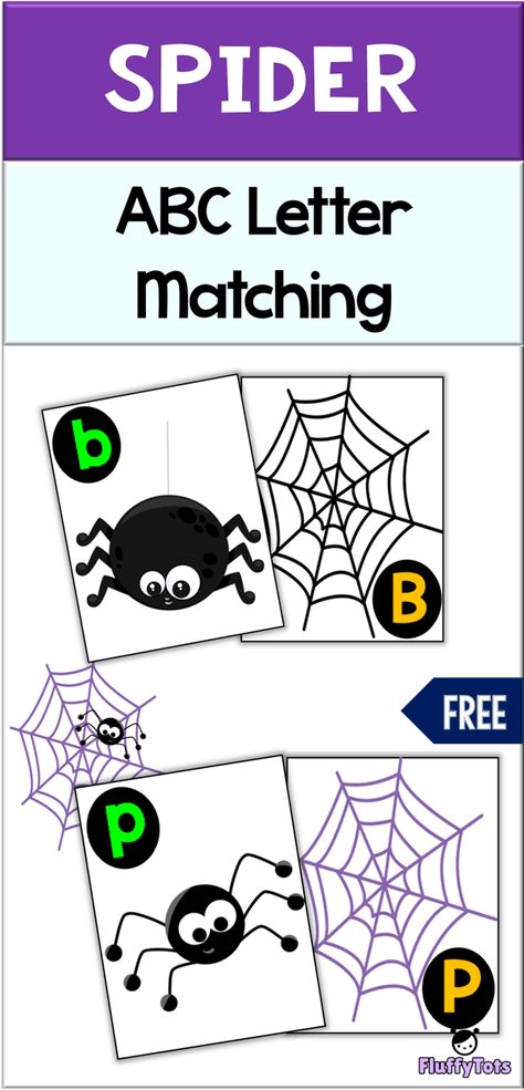 FREE Spider ABC Letter Matching | Matching uppercase letters to lowercase letter. Help the spiders find its web. Perfect for preschool, preK and Kindergarten. Kindergarten Halloween Letter Activities, Spider Letters, Halloween Abc Activities, Preschool Halloween Literacy, Spider Language Activities Preschool, Spider Letter Activities, Halloween Alphabet Activities, Spider Literacy Activities Preschool, Bug Letter Matching