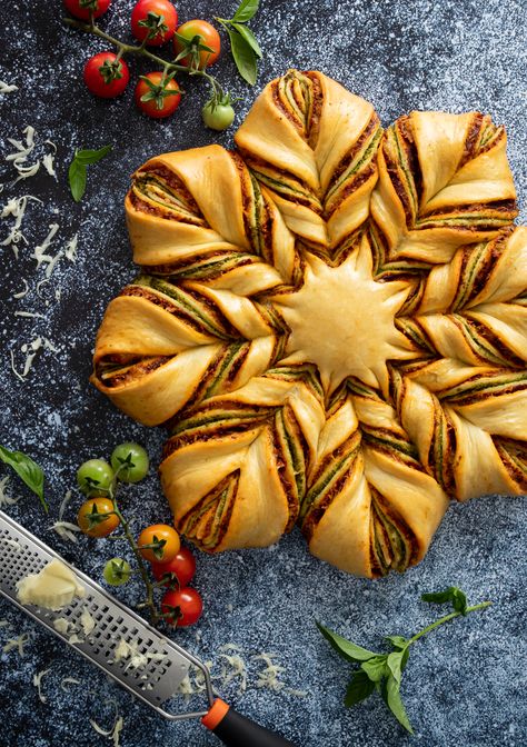 Christmas Star Bread, Focaccia Bread Art, Decorative Bread, Score Designs, Festive Bread, Star Bread, Bon Appetit Magazine, Christmas Bread, Art To Make