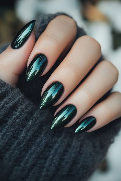 Dark Green Holographic Nails, Classy Dark Nails, Dark Green Nails Designs, Green Nails Designs, Funky Patterns, Teal Nails, Witchy Nails, Nails Dark, Dark Green Nails