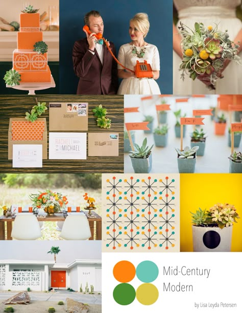 Mid-Century Modern Wedding Inspiration Board by Lisa Leyda Petersen, Wedding Planner Mad Men Wedding Theme, Mid Century Modern Party Decor, Mid Mod Wedding, Mid Century Modern Wedding Decor, Modern Wedding Colors, Mid Century Modern Party, Mcm Wedding, Mid Century Wedding, Retro Wedding Theme