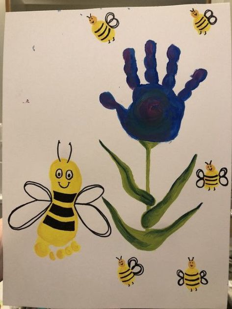 Bee Handprint Art, Birthday Hand Print Art, Hand Print Birthday Cards From Kids, Hand And Foot Print Art For Kids, Baby Foot Print Art, Hand And Foot Print Art, Hand And Footprint Art, Foot Print Art, Toddler Artwork