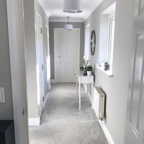 Light Gray Hallway, Hallway Colour Schemes, Grey Carpet Living Room, Hallway Decor Ideas, Grey Hallway, Building A Pole Barn, Hallway Colours, Narrow Hallway Decorating, Modern Hallway