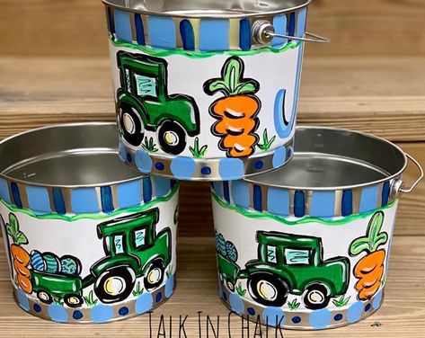 Sports Easter Basket, Painted Easter Baskets, Painted Buckets, Easter Pail, Tractor Decor, Creative Easter Baskets, Metal Buckets, Boys Easter Basket, Mouse Paint