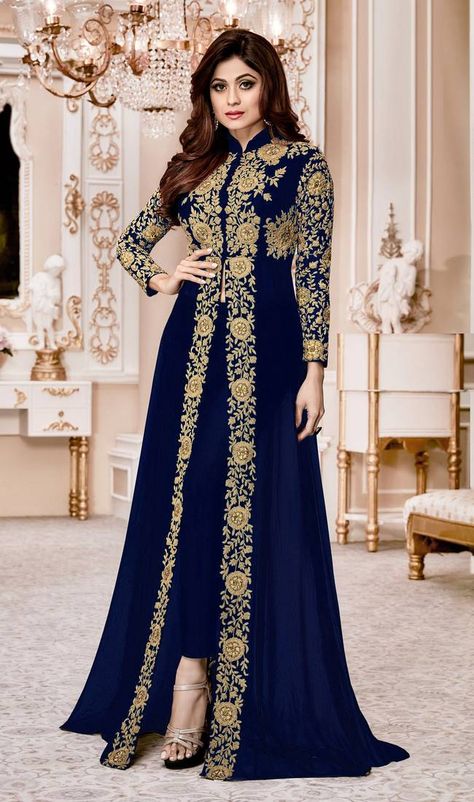 Blue Embroidered Jacket Style Faux Georgette Salwar Suit - Divine International Trading Co - 2690366 Afternoon Dresses, Bollywood Anarkali, Chiffon Dress Vintage, Madeleine Vionnet, Anarkali Dresses, Flapper Dresses, Chiffon Lace Dress, Charles James, Abaya Style