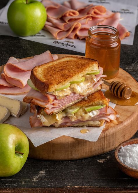 Brie Apple and Ham Grilled Cheese with Salted Honey | Kretschmar Ham Grilled Cheese, Apple Ham, Ham Delights, Melted Brie, Gluten Free Ham, Apple Sandwich, Perfect Grilled Cheese, Grilled Ham And Cheese, Cheese Sandwich Recipes