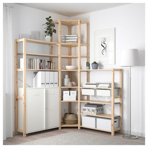 IVAR 3 sections/corner - IKEA. $325. 11 3/4"D x 89"H x Width right: 57 1/8" x Width left: 57 1/8 " Ivar Regal, Garage Storage Units, Ikea Kitchen Storage, Corner Shelf Ideas, Pine Shelves, Ikea Ivar, Nordic Living, Ikea Kitchen, Corner Shelves