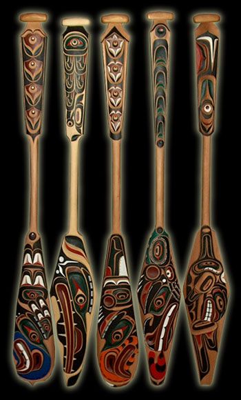 Paddles ~ Artist: Troy Roberts Tribal affiliation: Kwakiutl Description: Young Kolus - blue beak shows immaturity carved and painted- Red Cedar Raven - carved and painted - Yellow Cedar Thunderbird - carved and painted - Red Cedar Sea Snake- carved and painted - Red Cedar Killer Whale - carved and painted - Red Cedar Arte Haida, Snake Red, Yellow Cedar, Sea Snake, Pacific Northwest Art, Haida Art, Native American Symbols, Inuit Art, Native American Design