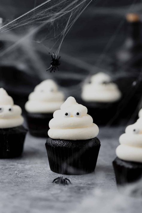 These adorable ghost cupcakes have a tender black velvet cupcake base topped with cream cheese frosting and candy eyes for a fun Halloween treat! Homemade Cannoli Recipe, Black Velvet Cakes, Sage Recipes, Ghost Cupcakes, Candy Eyes, Black Cocoa, Eye Balls, Fun Halloween Treats, Dutch Cocoa