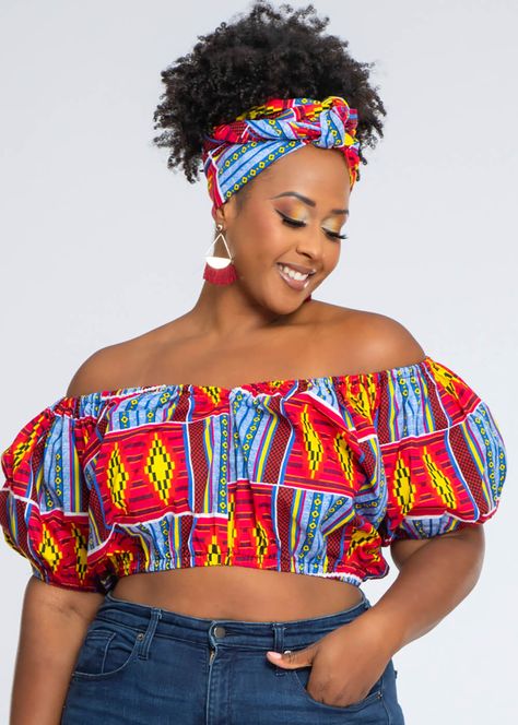 Blue Kente, African Print Crop Top, Ankara Top Styles, Modern African Clothing, Kitenge Designs, Kitenge Fashion, Kente Print, African Tops, African Print Tops